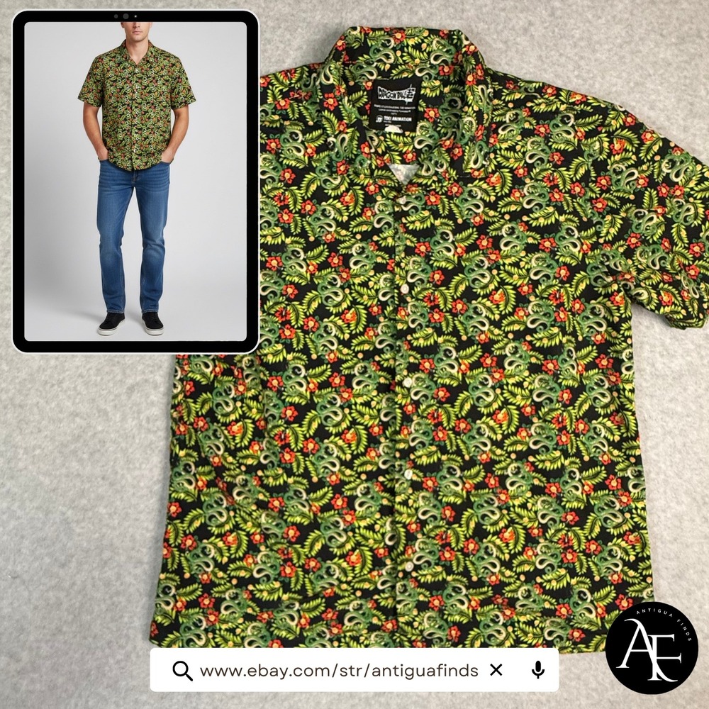 Dragon Ball Super Shenron Tropical Button Down Shirt Mens XL Black Anime Toei